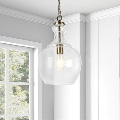 Henn&Hart 11" Mid-Century Modern Pendant Light Fixture with Seeded Glass Dome Shade and 6' Adjustable Cord for Kitchen Island, Dining Room or Game Room, Brass