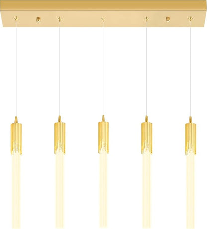 Flashing God 5-Lights Rectangular Pendant Lights for Kitchen Island Gold Linear Crystal Chandelier Modern Chandeliers for Kitchen Island Dining Room