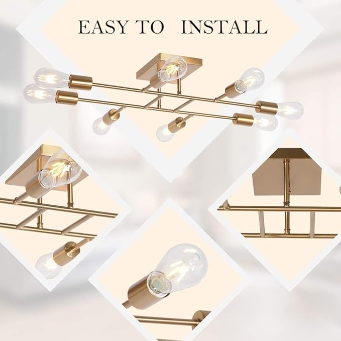 8 Light Modern Kitchen Ceiling Lighting Fixture, Mid Century Brushed Brass Semi Flush Mount Low Ceiling Living Room Light fixtures for Dining Room Bedroom Foyer Basement