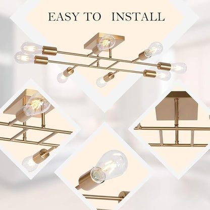 8 Light Modern Kitchen Ceiling Lighting Fixture, Mid Century Brushed Brass Semi Flush Mount Low Ceiling Living Room Light fixtures for Dining Room Bedroom Foyer Basement
