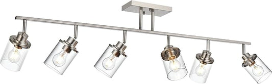 Yaohong 6-Light Track Lighting Kit Brushed Nickel Track Lighting Fixtures, Bathroom Wall Light Ceiling Mount Rotatable Spotlights, Kitchen Ceiling Light Fixtures with Glass Shade for Bathroom Hallway