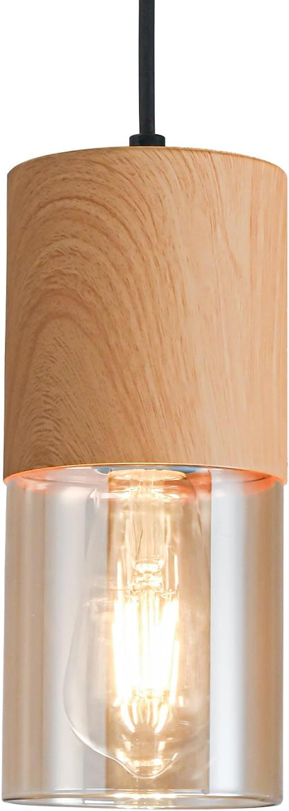 Gold Pendant Lights for Kitchen Island, Adjustable Modern Pendant Light Fixtures with Raw Wood Grain, Industrial Amber Glass Pendant Lights for Dining Table Hallway Bedroom Living Room,1 Pack