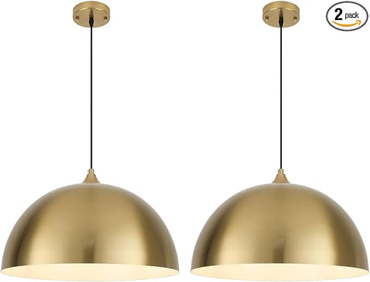 Gold Pendant Lights Kitchen Island, 16 Inch Gold Dome Pendant Light, Modern Farmhouse Pendant Light for Kitchen Island, Dining Room, Cafe, Bar, 2 Pack