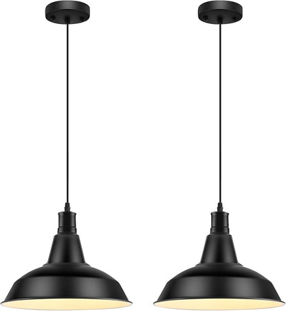LOEHINLE Pendant Light Fixtures, 2Pcs Farmhouse Kitchen Island Lights Fixture, Industrial Hanging Pendant Lighting for Dining Room Bedroom, Black Metal Pendant Lamp, E26 Base, 12.2in