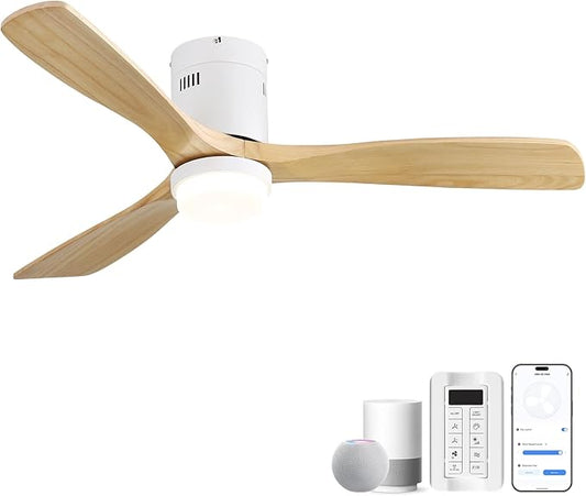 CACI Mall Smart 52 inch Wood Flush Mount Ceiling Fans with Lights and Remote, 3 Blades, Low Profile, Modern, Compatible with Alexa/Google/App, Outdoor Indoor Ceiling Fans for Bedroom/Farmhouse/Patio