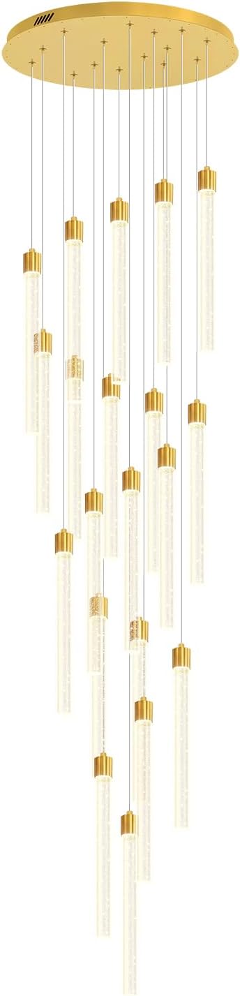 138'' Long Crystal Column Chandelier Extra Large High Ceiling Chandelier Staircase Gold 20-Lights Dimmable Led Pendant Lighting Foyer Entryway Light Source is Replaceable