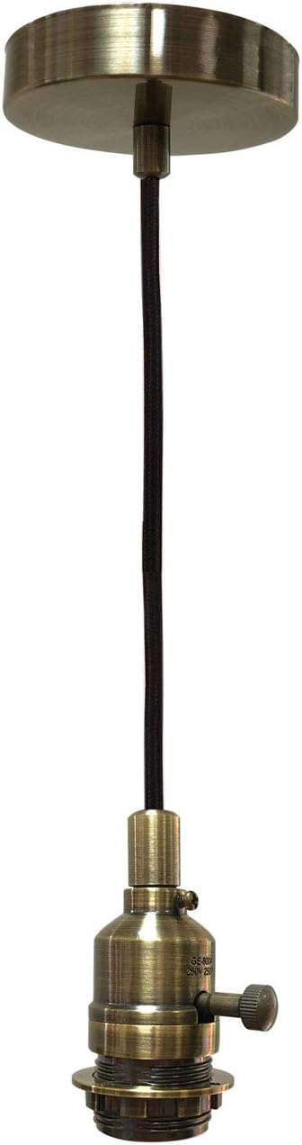 Royal Designs, Inc. Hanging Pendant Lighting, Vintage-Style Keyless Uno Threaded Dimmable Pendant Light Socket and Canopy, Antique Brass with Brown Rayon Fabric Cord