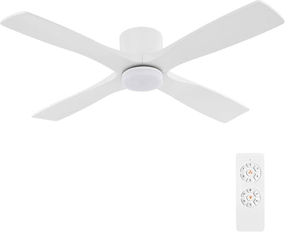 WINGBO 48 Inch Flush Mount DC Ceiling Fan with Lights and Remote, 4 Reversible Carved Wood Blades, 6-Speed Noiseless DC Motor, Hugger Ceiling Fan in White Finish, Low Profile Ceiling Fans, ETL Listed