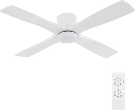 WINGBO 48 Inch Flush Mount DC Ceiling Fan with Lights and Remote, 4 Reversible Carved Wood Blades, 6-Speed Noiseless DC Motor, Hugger Ceiling Fan in White Finish, Low Profile Ceiling Fans, ETL Listed