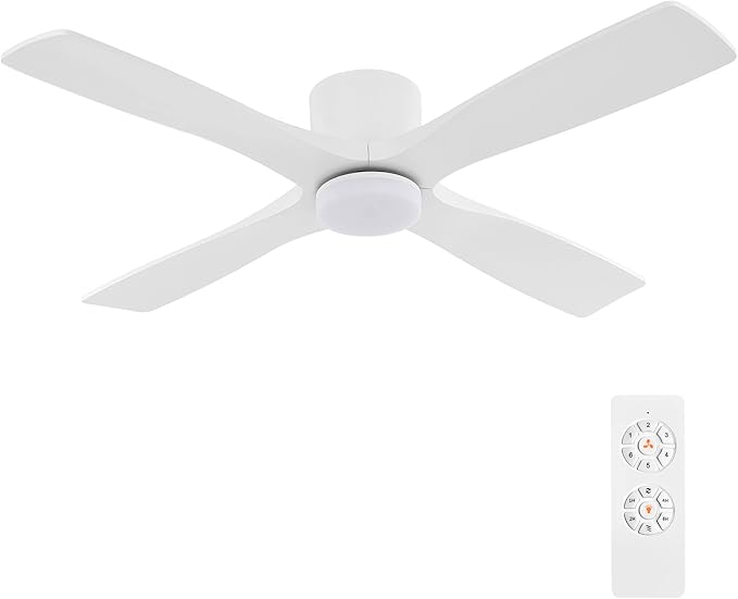 WINGBO 54 Inch Flush Mount DC Ceiling Fan with Lights and Remote, 4 Reversible Carved Wood Blades, 6-Speed Noiseless DC Motor, Hugger Ceiling Fan in Gloss White with White Blades