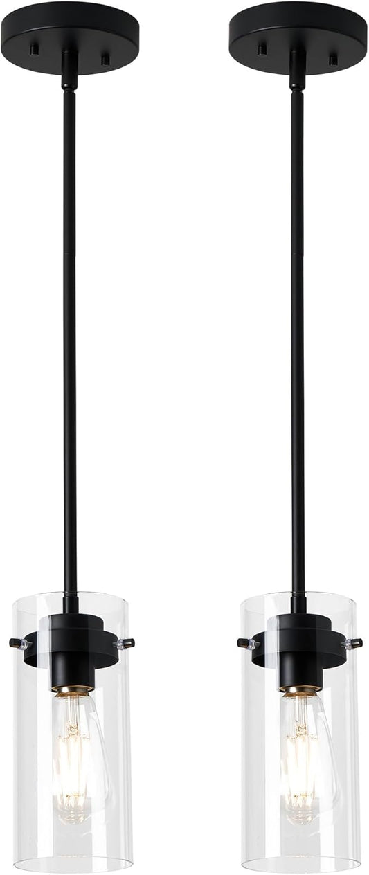 EAPUDUN Pendant Lights (2 Packs), Hanging Lights Fixtures, Clear Glass Shade Kitchen Lighting, Matte Black Farmhouse Kitchen Dining Table Ceiling Lights -PDA1353-B-MBK