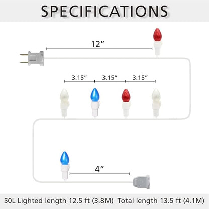 4th of July Decoration Patriotic LED C3 Glass Mini Lights 50 Count Red White Blue Plug in String Lights 120V ETL Cerfified Plug in for Indoor Outdoor Christmas Party Patio Independence Day Decoration