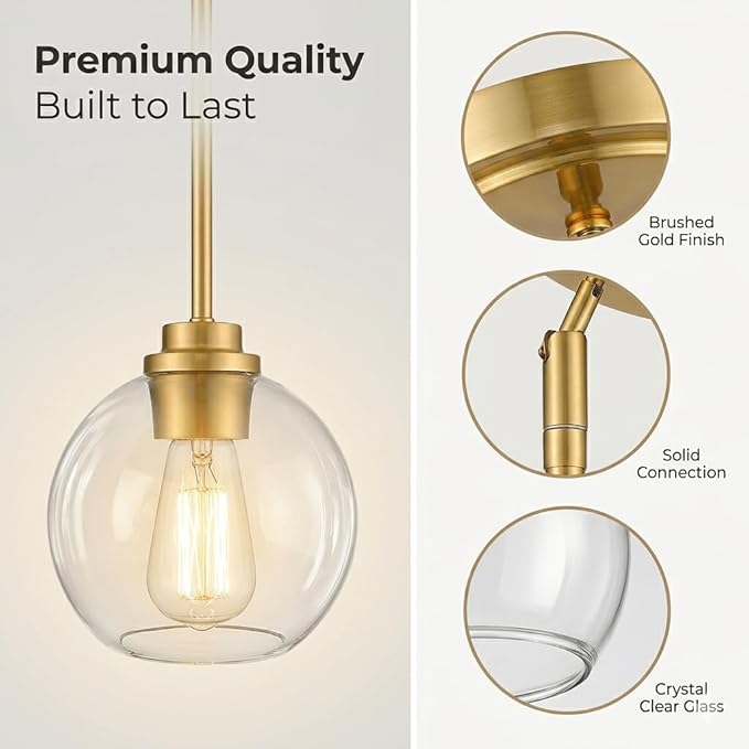 Gold Pendant Light – 7 Inch Clear Glass Farmhouse Hanging Fixture, Adjustable Height & Sloped Ceiling Compatible for Kitchen Island Dining Room Entryway Bedroom Hallway, 1 Pack