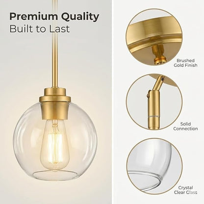Gold Pendant Light – 7 Inch Clear Glass Farmhouse Hanging Fixture, Adjustable Height & Sloped Ceiling Compatible for Kitchen Island Dining Room Entryway Bedroom Hallway, 1 Pack