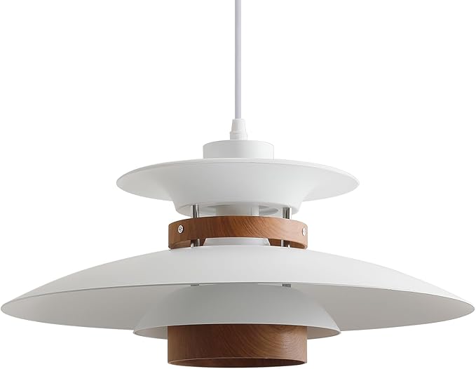 EFINEHOME Modern Decor Adjustable Pendant Lamp Kitchen Island, Aluminum and Wood Finish,1-Light E26 Base Ceiling Hanging Light for Dining Room Shop Restaurant (White+Dark Wood Grain, 35cm)
