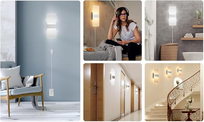 GOODATE 4 Pack Plug in Wall Sconces with Remote Control, Dimmable, Adjustable 3000K-6500K Colors, Silver 12W Acrylic LED Plug in Wall Light, Wall Lamps for Bedroom Living Room Hallway Stair
