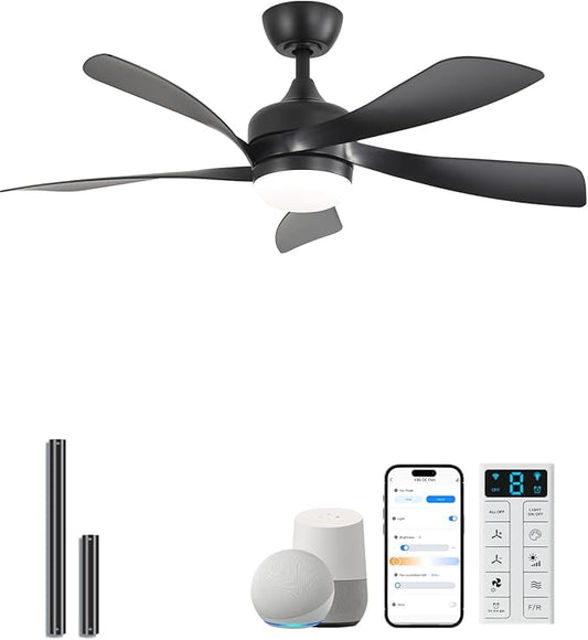 Sofucor 45" Smart Ceiling Fan, Indoor/Outdoor Black Ceiling Fans with Lights and Remote, Works with Alexa/Google/App, 3-Color Light 6-Speed Timing Reversible DC Motor for Bedroom Living Room Patio