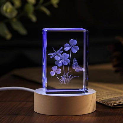 3D Four Leaf Clover Dragonfly & Butterfly Crystal, Irish Good Luck Decor, Collectible Figurines Birthday Gifts for Women, Christmas Gift with LED Base