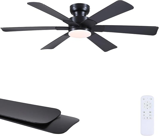 52" Low Profile Ceiling Fans with Lights and Remote, Black Indoor Ceiling Fan Light with Quiet Reversible DC Motor,Modern Flush Mount Ceiling Fans with Dimmable LED for Bedroom Kitchen