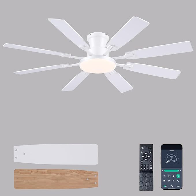 JSAITEE 60Inch Ceiling Fan with Lights and Remotes, Large Low Profile Flush Mount Ceiling Fans,DC Reversible Motor, 3CCT Dimmable,Noiseless,Dual Finish, White 6 Speeds Ceiling Fan for Indoor/Outdoor