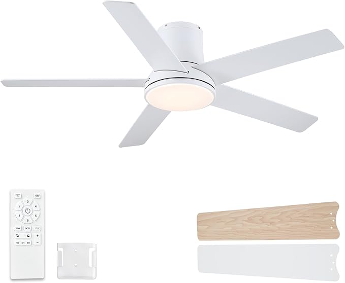 52 Inch Ceiling Fans with Lights and Remote, Flush Mount White Ceiling Fan for Bedroom Living Room Indoor/Outdoor, Quiet 6 Speed Reversible DC Motor, 3CCT, Dual Color 5 Blades, ETL Listed