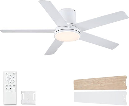 52 Inch Ceiling Fans with Lights and Remote, Flush Mount White Ceiling Fan for Bedroom Living Room Indoor/Outdoor, Quiet 6 Speed Reversible DC Motor, 3CCT, Dual Color 5 Blades, ETL Listed