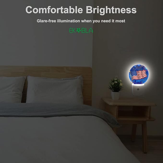 EKOBLA 4th of July Plug-in Night Light, Patriotic American Flag & Fireworks LED Nightlight for Independence Day Decor