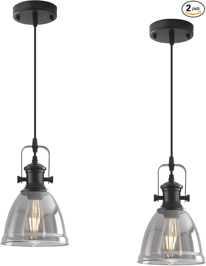 Black Pendant Lights Kitchen Island 2 Pack, 6.5" Modern Farmhouse Smoked Glass Pendant Light, Island Lights for Kitchen, Mini Pendant Lighting for Kitchen Island Dining Room