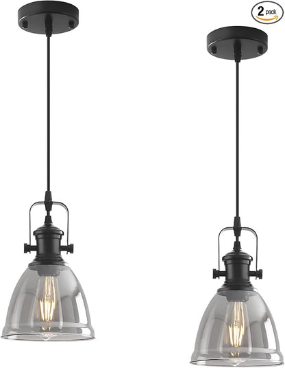Black Pendant Lights Kitchen Island 2 Pack, 6.5" Modern Farmhouse Smoked Glass Pendant Light, Island Lights for Kitchen, Mini Pendant Lighting for Kitchen Island Dining Room