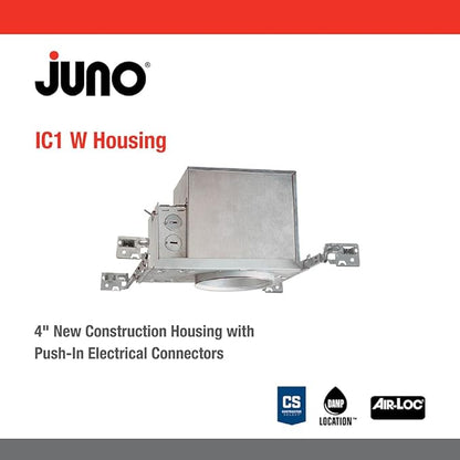 Juno 4 Inch Incandescent Ceiling Light Housing for New Construction, IC Rated Recessed Light, Adjustable Bar Hangers, Damp Location UL Listed Can Lighting, Includes Push-in Electrical Connectors