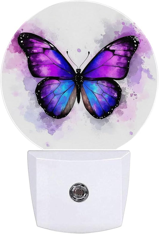 Purple Butterfly Night Light Plug Into Wall Auto Led Sleep Round Lamp for Living Room Hallway Stairs