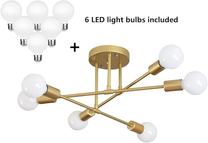 Modern Sputnik Chandelier, 6-Light Ceiling Light, LED Light Bulbs Included for Bedroom,Dining Room,Kitchen,Office (Gold)