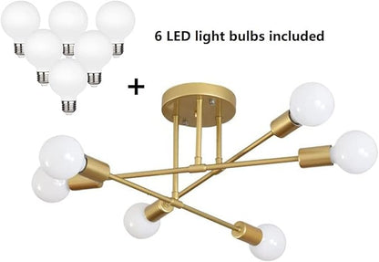 Modern Sputnik Chandelier, 6-Light Ceiling Light, LED Light Bulbs Included for Bedroom,Dining Room,Kitchen,Office (Gold)