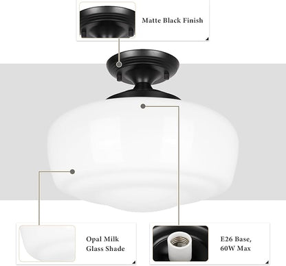 Large Schoolhouse Style Semi Flush Mount Ceiling Light Fixture, 14" Modern Hallway Ceiling Lamp with Opal Milk Glass Shade, Farmhouse Globe Light for Bedroom Kitchen Hallway Entryway Laundry