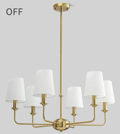 6-Light Brushed Gold Pendant Chandelier with Fabric Shades, E12 Base - Farmhouse & Industrial Style for Kitchen, Living Room, Dining Room, or Bedroom Lighting