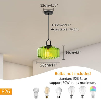 Green Glass Pendant Light Fixture Hand Blown Pendant Lights with Large Glass Globe Shade, Mid Century Modern Adjustable Ceiling Hanging Lighting for Dining Bedroom Table Kitchen Island