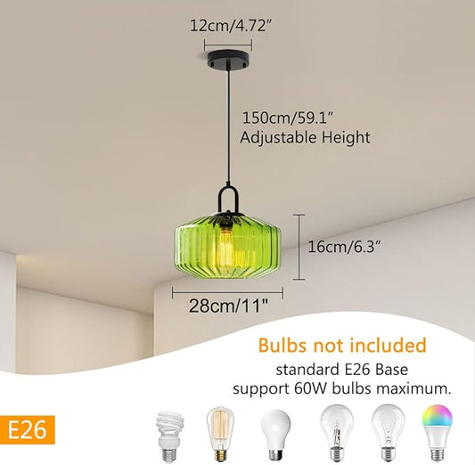 Green Glass Pendant Light Fixture Hand Blown Pendant Lights with Large Glass Globe Shade, Mid Century Modern Adjustable Ceiling Hanging Lighting for Dining Bedroom Table Kitchen Island