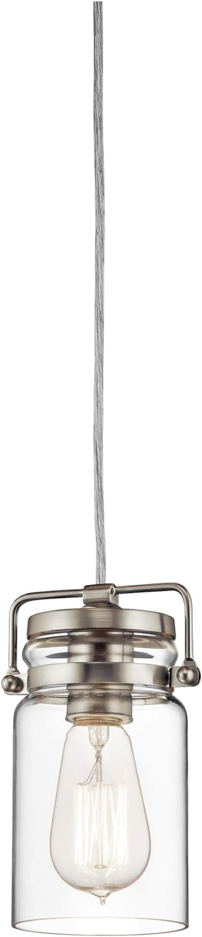 Kichler Brinley 7.75" Kitchen Pendant in Brushed Nickel, Mini Farmhouse Pendant with Clear Glass, (7.75" H x 4.75" W), 42878NI, 1-Light