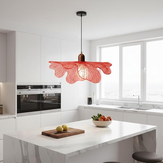 Red Leaf Glass Pendant Light Fixture, Modern Flower Hanging Ceiling Lamp with Wood Accent, Mid Century Floral Pendant Lighting for Kitchen Island Dining Room Living Room Bedroom