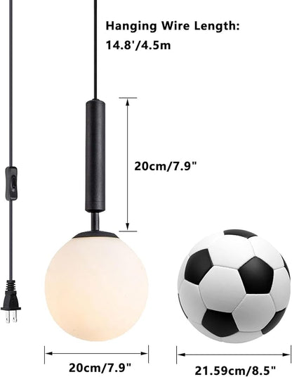 KCO Lighting Modern White Glass Globe Pendant Light Nordic Plug-in Hanging Light Fixture with Adjustable Wire Postmodern Geometric Ball Chandelier for Kitchen Island Dining Room (Black)