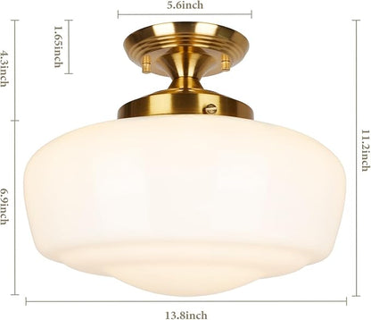 Large Schoolhouse Style Semi Flush Mount Ceiling Light Fixture, 14" Modern Gold Hallway Ceiling Lamp with Opal Milk Glass Shade Brass, Farmhouse Globe Light for Bedroom Kitchen Hallway Entryway