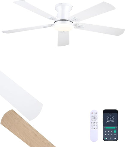 Ceiling Fans with Lights, 52 Inch Ceiling Fan with Light and Remote/APP, Low Profile Ceiling Fan with Light, DC Reversible, 6 Speed Noiseless LED Ceiling Fan, White Small Ceiling Fan for Bedroom