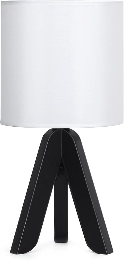HAITRAL Wooden Tripod Table Lamp with Black Base, Small Table Lamp Bedsides Lamp with Linen Fabric Shade, Nightstand Lamp Cute Night Lamp for Bedroom,Kids Room,Nursery,Dorm
