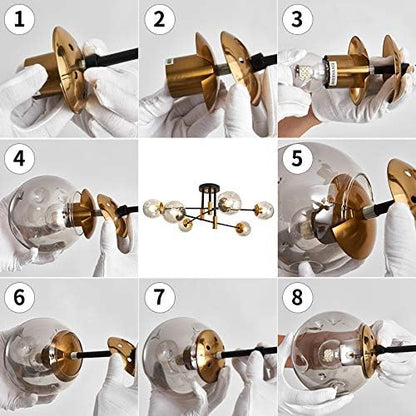 SZXYKEJI6-Lights Glass Globe Sputnik Chandelier Modern Flush Mount Ceiling Light Fixture Farmhouse Lighting for Dining Room Living Room Bedroom Kitchen Passageway(Balck and Gold)