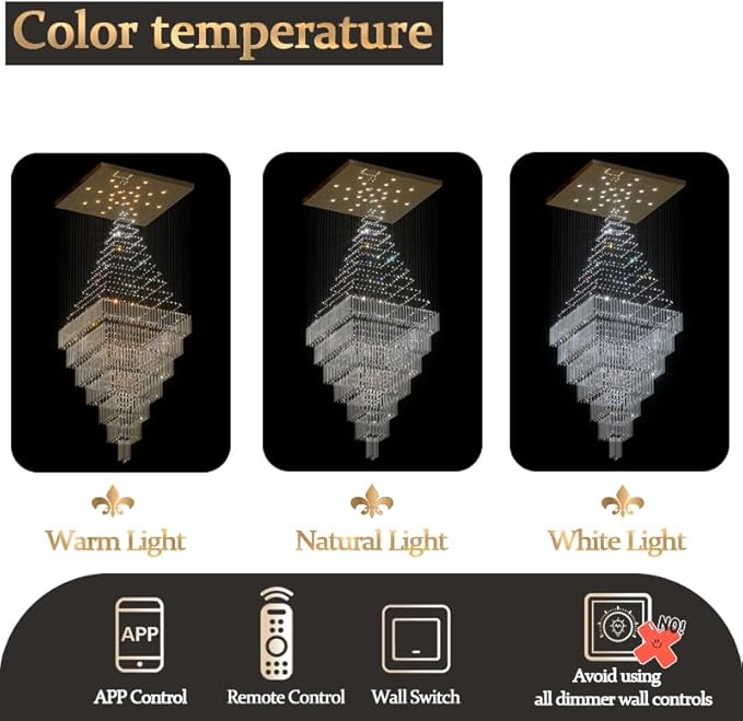 Flashing God D59''X H120'' Extra Large Chandeliers for High Ceilings Black Square Chandeliers Crystal Raindrop Chandelier for Villa Entrance Foyer LED Dimmable 2700K-6000K