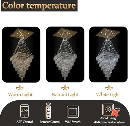Flashing God D59''X H120'' Extra Large Chandeliers for High Ceilings Black Square Chandeliers Crystal Raindrop Chandelier for Villa Entrance Foyer LED Dimmable 2700K-6000K
