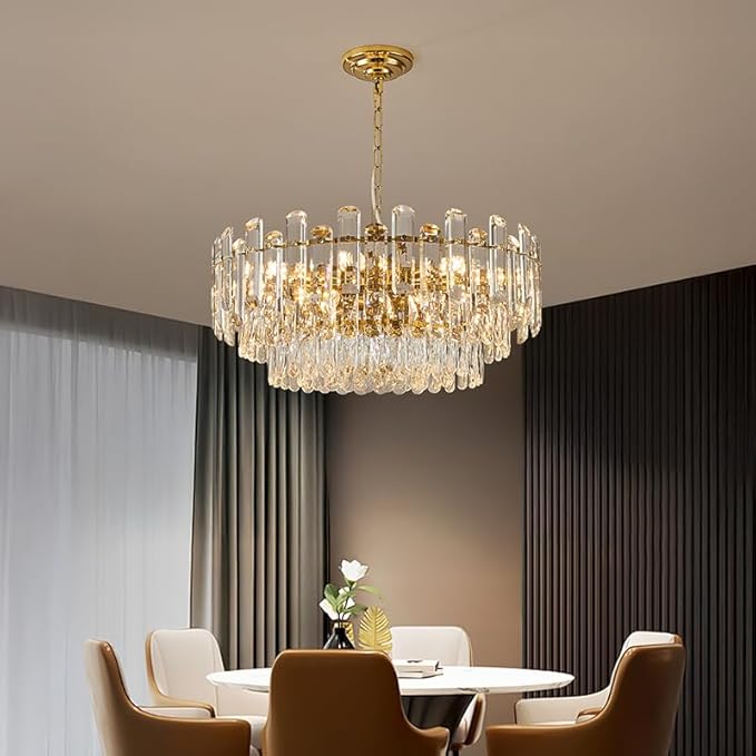 23.6" Gold Crystal Chandeliers Fully Transparent Crystal Modern3-Tier Luxury Pendant Light 12-Light Ceiling Pendant Lighting for Dinning Room Living Room Foyer