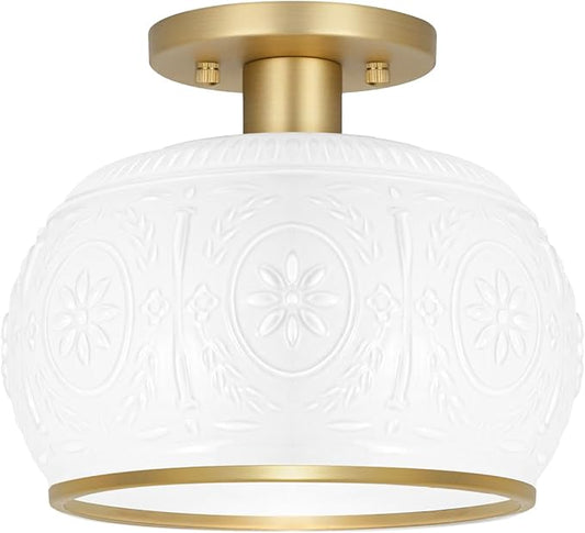 Brushed Brass Semi Flush Mount Ceiling Light with Clear Globe Glass, Modern Hallway Lighting Fixtures, Vintage Ceiling Light for Kitchen, Bedroom, Closet, Entryway, Porch