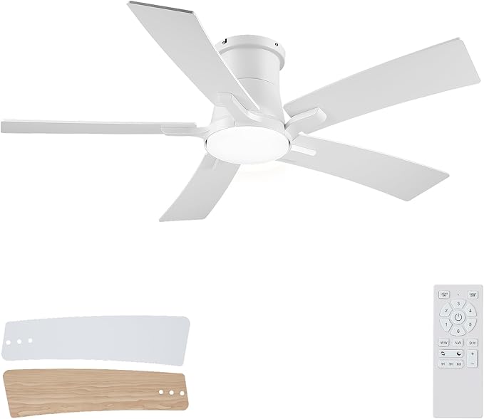 46 Inch Ceiling Fans with Lights and Remote, White Low Profile Ceiling Fan, Flush Mount Style with 5 Blades, For Indoor Bedroom Living Room/Outdoor, 6 Speed Reversible DC Motor, 3CCT Dimmable LED