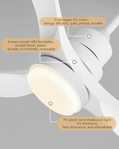 52 Inch Ceiling Fans with Lights Remote, White Ceiling Fans 3-Color Light, Timer, ETL Listed, 3 Downrods, 3 Blades, 6 Speed Modern Fan Quiet Reversible DC Motor for Patio Outdoor,52in,White